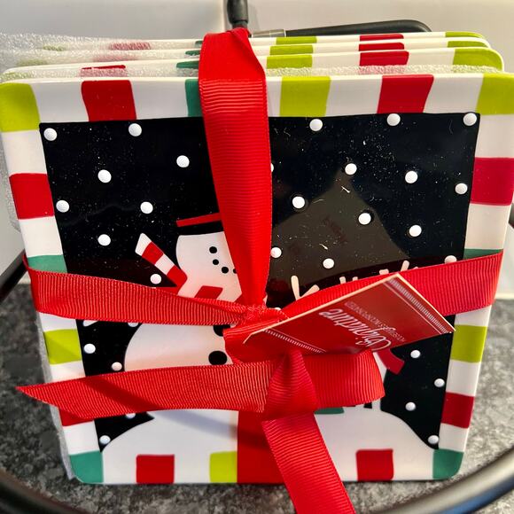 Set of 4 Holiday Snowman Dessert Plates with Holder NWT - Picture 2 of 5